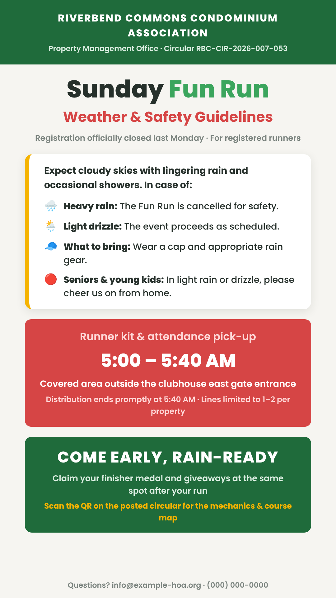 Rendered static poster: a mobile-formatted weather and safety advisory for a community fun run, with a letterhead band, headline, weather-guidance panel, red pickup-window block, call-to-action, and footer